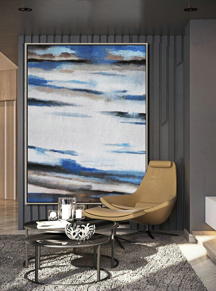 Large Abstract Art,Oversized Abstract Landscape Painting,Acrylic Minimailist Painting,Blue,White,Grey,Brown.etc